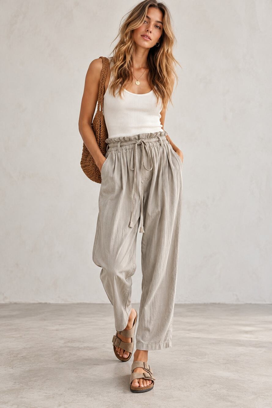 Free People Beige Margate Pleated Trouser Pants Womens S Casual Paperbag Classic